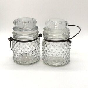 Set of 2 Clear Heavy Glass Hobnail Jars w/Metal Handle and Apothecary Lid 6"